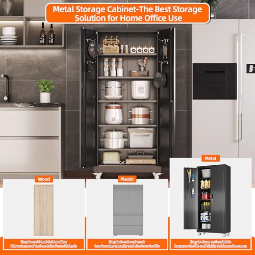 SUXXAN Metal Storage Cabinet with Wheels and Pegboard, 71" Tall Industrial Heavy Duty Steel Cabinet with 5 Adjustable Shelves & Locking Doors for Garage, Office, Pantry, Warehouse, Black