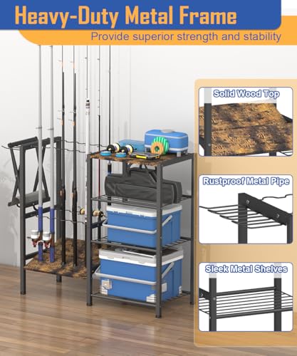 Tigerden Fishing Rod Holders for Garage, Fishing Pole Holder Stand with Multifunctional Hook, 4 Tier Fishing Gear Equipment Organizers Rack, Fits Most Rods of 1.57" for Home Entryway Corner, Black
