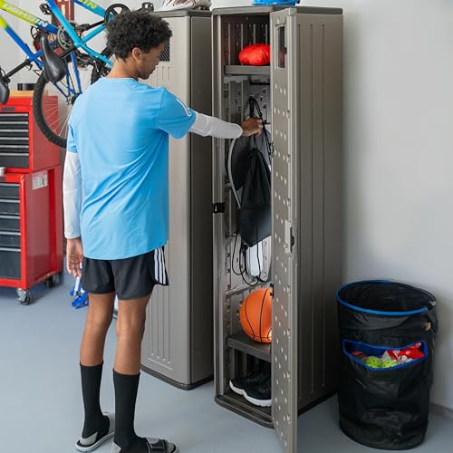 Suncast Tall Storage Locker for Garage Organization - 72" Lockable Organizer with Shelving for Garden Supplies, Paint Cans & Outdoor Tools, Multi-Wall Resin Construction, Platinum