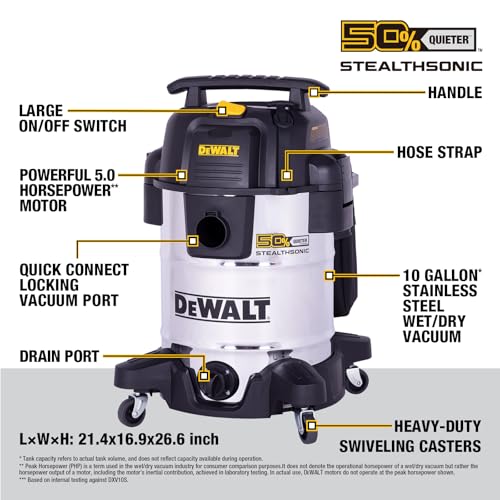 DEWALT 10 Gal Stealthsonic Shop Vacuum Wet and Dry, 5HP Heavy-Duty Stainless Steel Shop Vac, Ultra-Quiet with Complete Accessory Kit & 6 Bonus Dust Bags - Ideal for Job Sites, Workshops & Garages
