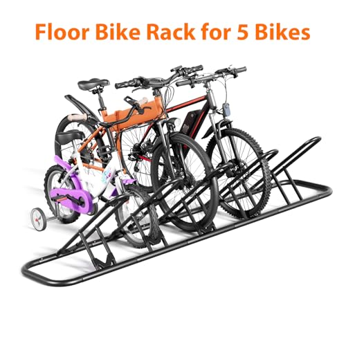 Mr IRONSTONE Floor Bike Rack for Garage, Indoor/Outdoor Storage Stand, Bicycle Parking Rack for Mountain, Road and Kids Bikes (Black, 5-Slot)
