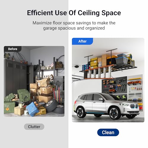 FLEXIMOUNTS 4x8 Overhead Garage Storage Rack with 6 Hooks, Adjustable Storage Organization System, Heavy-Duty Metal Ceiling Racks, 22.6" -39.4" Ceiling Dropdown, Black, Lite Series