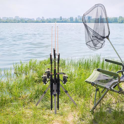 Gisafai Fishing Rod Carrier Surf Fishing Holder Foldable Pole Holder Stand 3 Rod Portable Vertical Beach Pole Storage Freestanding Rack for Fisherman Garage Home Outdoor(15.35 Inches,Black)