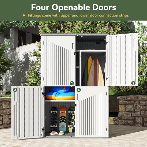 Aoxun Outdoor Resin Storage Shed with Metal Shelving Kit & Floor, 64 Cu.Ft Vertical Waterproof Storage Cabinet for Garage, Pool, Bike, Garden Tools, Patio Furniture (White)