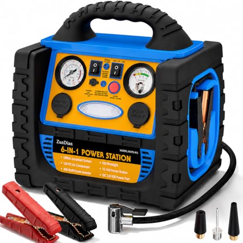Car Jump Starter with Air Compressor, 1800A Battery Booster Pack for Up to 8.0L Gas & 6.0L Diesel, 150PSI Tire Inflator, 400W Portable Power Station with AC Outlet, 6-in-1 Jump Box for Cars, Trucks