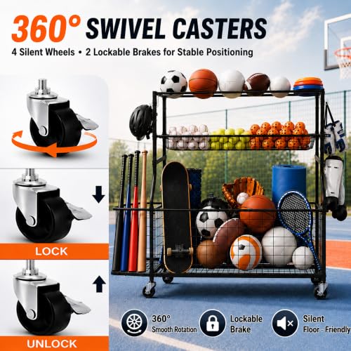 DuraMax Sports Storage Rack for Garage with Wheels, Ball Storage Rack and Sports Equipment Storage Rack, Garage Sports Organizer with Mesh Bin, Basket, Hooks and Bat Rack