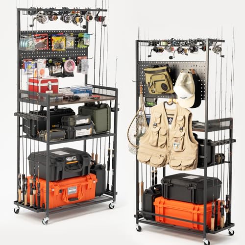 SOYEEZE Fishing Rod Holders for Garage,Fishing Gear Holder for Fishing Rod Tackle Box Storage，Fishing Pole Holders for 12 Rods with Hooks and Pegboard,Fishing Cart with Reel Rack, Large Size