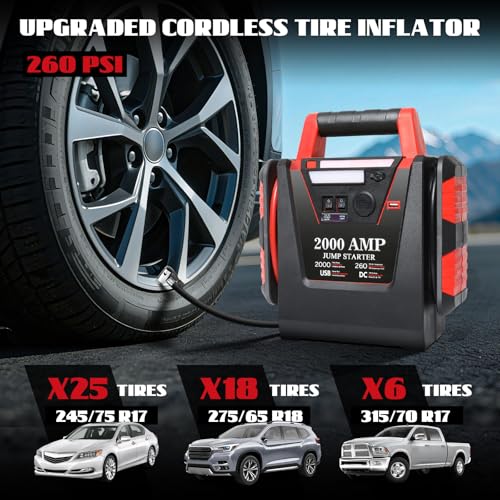 Jump Starter with Air Compressor,2000A Car Battery Jumper Starter 260 PSI Tire Inflator,6 in 1 Auto Lead-Acid Battery Booster Jump Starter for Up to 10.0L Gas or 8.0L Diesel with LED Light