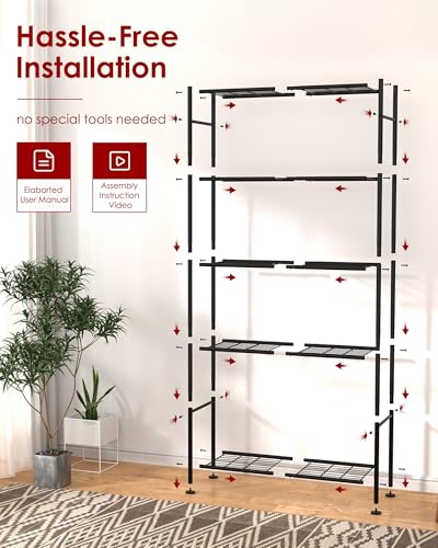 Sakugi Storage Shelves - 5 Tier Shelf Organizer, Heavy Duty Garage Shelving Unit with Leveling Feet, Stable Metal Shelves Organizer for Pantry, Kitchen and Closet, 33.0" W x 12.6" D x 72.0" H, Black