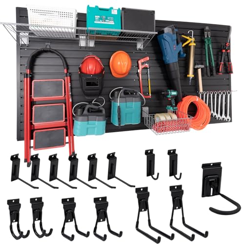 FRAYSCENT Slat Wall Paneling Garage Slat Wall Storage Systems Slatwall Panels Power Tool Organizer Wall Mount, PVC Garage Storage & Organization Products Slate Board (Black, 4ft x 8ft with 15 Hooks)