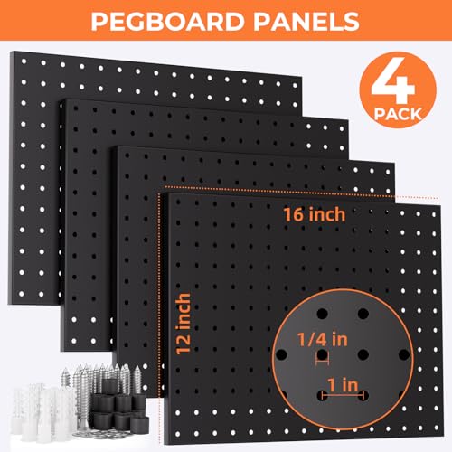INCLY 70PCS Pegboard Wall Organizer, 4PCS Metal Peg Board Panels with 66PCS 1/4" Pegboard Hooks Accessories Kit, Black Peg Board for Walls Home, Garage Tool Storage, Workbench Organization