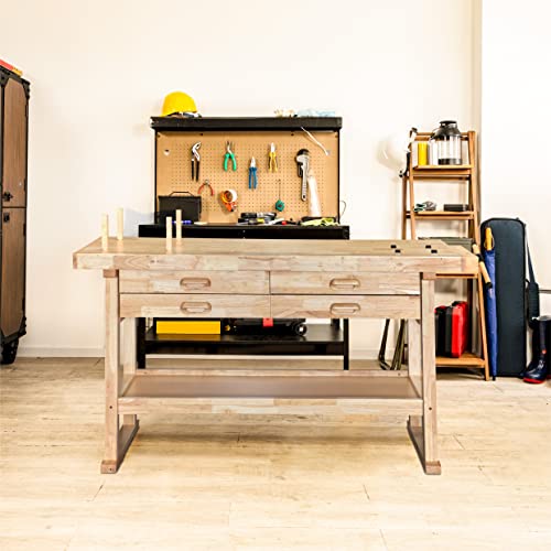 Olympia Tools 64.5” Rubber Hardwood Workbench with 4-Drawers & Clamp, 450 lb Capacity – Heavy-Duty Woodworking Storage, Tools Organizer, and Craftsman Standing Station Table for Workshop