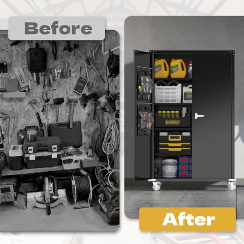 biosp 72" H Wide & Deep Garage Storage Cabinet with Wheels & Pegboards, Metal Storage Cabinet with Locking Door & Adjustable Shelves, Rolling Tool Cabinet for Garage, Shop, Office, 72"x43"x22"