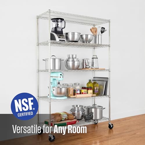 SafeRacks - NSF Certified Storage Shelves, Zinc, Heavy Duty Steel Wire Unit with Wheels and Adjustable Feet, Garage or Bakers Rack, Kitchen, Pantry Shelf - (18"x48"x72" 5-Tier) (Silver)