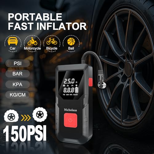 Nicholaus 12 V Car 8000 mAh Battery Jump Starter 2800A with 150psI Air Compressor, Compact and Practical Edition QB08L Safe Smart, Portable Jump Box and Charger for 6.0L Gas and 3.0L Diesel Engines.