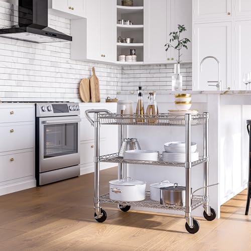Seville Classics UltraDurable NSF Commercial Heavy Duty Metal Rolling Utility Cart, Handle Bar for Restaurant, Garage, Warehouse, Kitchen, Office, Deep Top Basket (34.8"W x 18.25"D)