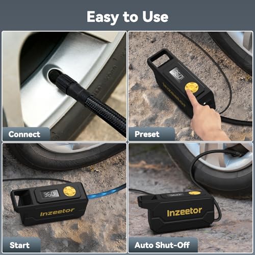 Inzeetor 150 PSI Tire Inflator Portable Air Compressor, 12V DC Auto Shutoff Air Pump with Digital Pressure Gauge and Emergency LED Light for Car Tires, Bicycle & Balloons, Black