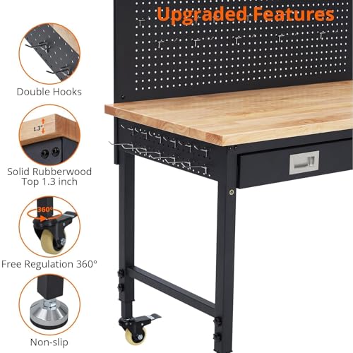 48" Adjustable Heavy Duty Workbench, 2000LB Capacity Solid Hardwood Top Work Bench with Wheels and Power Outlets, Mobile Rolling Garage Workstation for Workshop, Home Office & DIY