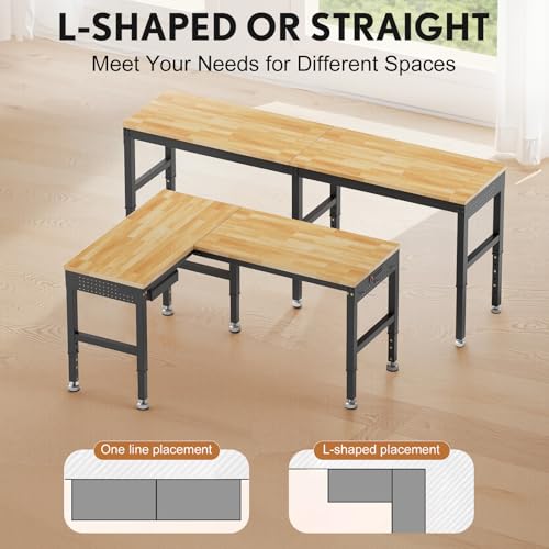 MUWOOD 96”L-Shaped Heavy Duty Work Bench, Heights Adjustable Workbench, 5000 LBS Load Capacity, Work Benches for Garage with Power Outlet & Pegboard, Rubber Wood Work Table for Office, Workshop, Home