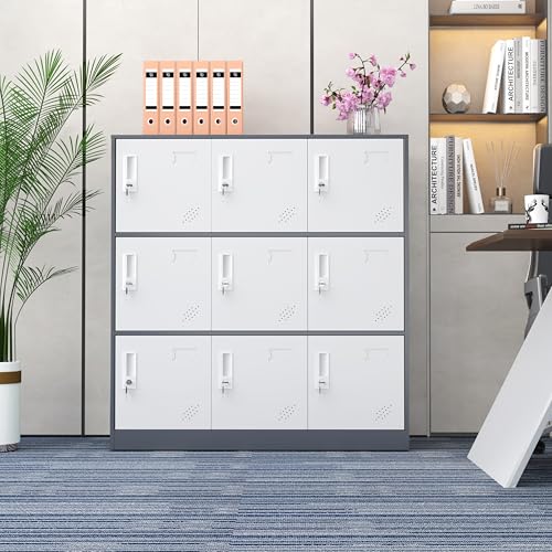 WISUNO 9 Doors Metal Lockers for Employees, Steel Storage Locker with Lock and Card Slot,Lockable Office Metal Storage for School Office Gym Bedroom,Garage(Gray)