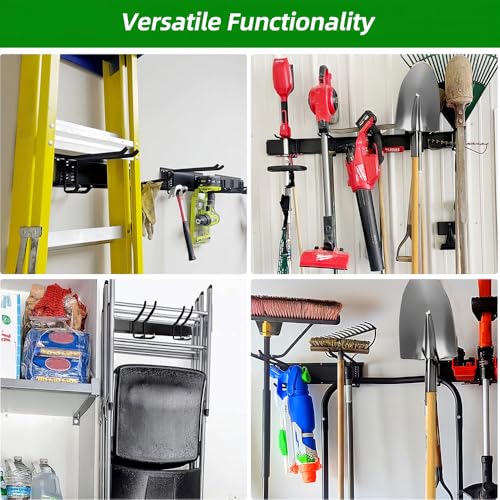 PIYILO Garage Tool Organizer Wall Mount with 48 inches Rails and 6 Double-layer Hooks, Garden Tool Rack Heavy Duty, Garage Hanging Storage Rack For Yard Tools, Shovel, Shed