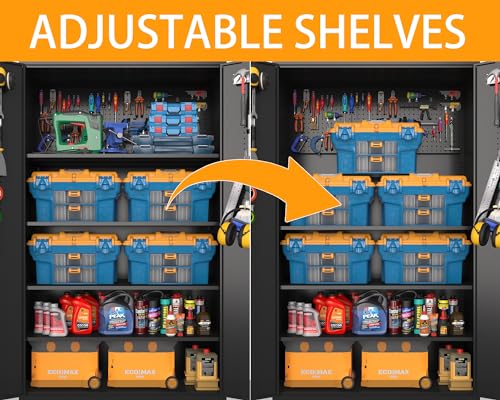 Upgraded Tall & Wide Metal Storage Cabinet with Doors & 4 Adjustable Shelves | Heavy-Duty Black Lockable Garage Cabinet with Wheels & Pegboard for Office, Gym, Basement, Warehouse (Black)