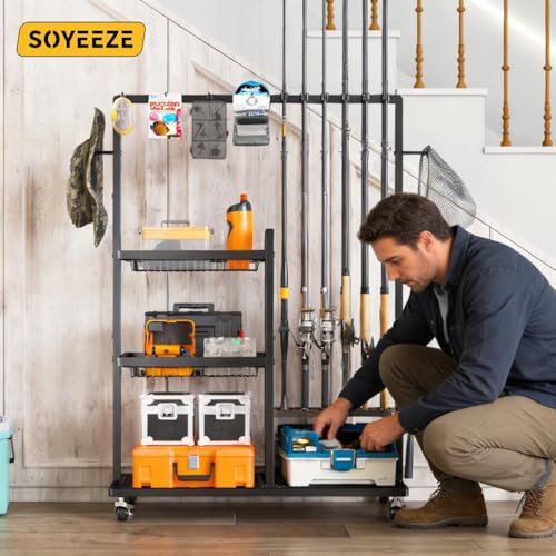 SOYEEZE Fishing Rod Holders for Garage, Fishing Pole Rack-360 Degree Rotating, Floor Stand Fishing Rod Storage Holds Up to 12 Rods, Space-Saving Pole Organizer with Unique Hook & Basket Design