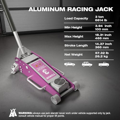 Torin Aluminum and Steel Floor Jack with Dual Piston Quick Lift: Max Height 18.31 Inches for Garages, Car Repair and Racing, 3 Ton (6,000 lb) Capacity, Pink