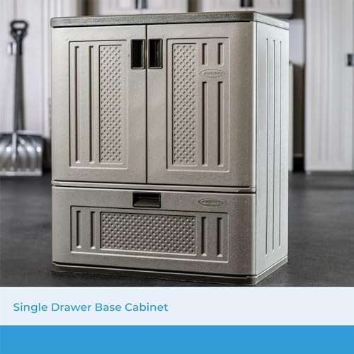 Suncast Base Storage Cabinet with Drawer for Garage Organization - Lockable Single-Drawer Organizer with Shelf for Garden Supplies, Paint Cans & Outdoor Tools, Multi-Wall Resin Construction, Platinum