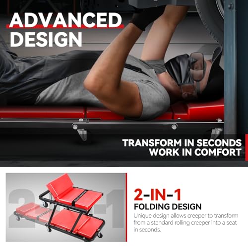 Auto Dynasty 48" Z-Creeper Seat, 2-in-1 Foldable Garage Rolling Creeper Shop Seat, 330 LBS Capacity Automotive Mechanic Under Car Repair Tool, Black