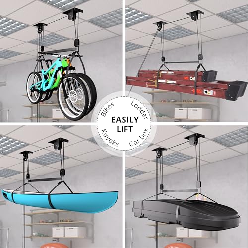 TRUSOON Ladder Storage, Larger Pulley Ladder Hoist, Self Locking Function Ladder Hanger, Garage Ceiling Mount Lift System for Kayak, Cargo Box, Canoe, Bike,Fit 10-14 Foot Ceilings, Hold 150 lbs