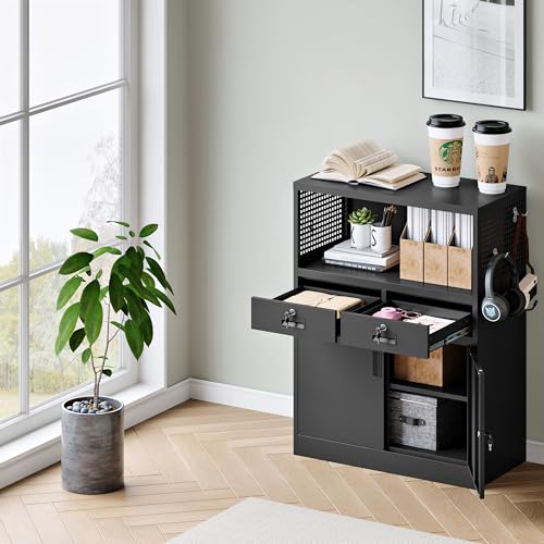 Yizosh Metal Storage Cabinet with 2 Drawers and Locking Doors,- 41.3" Steel Lockable Storage Cabinet with Shelves for Home Office,Garage,School (Black)