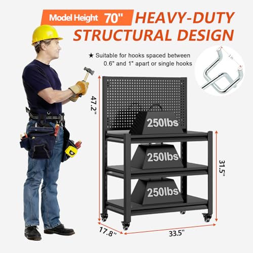Jaqiumn Workbench with Pegboard, Adjustable Shelving Work Table, Mobile Workstation with Lockable Wheels for Garage Warehouse Workshop Office, 47.2" H x 33.5" W x 18" D, Black