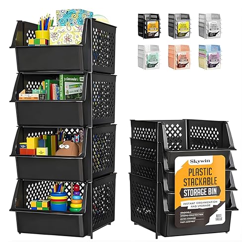TidyFriend 4 Pack Stackable Storage Bins Open Front for Pantry Organizers and Storage, Pantry Storage for Food, Kitchen and Home Organization, Plastic Storage Bins, Dorm Room Essentials (Black)