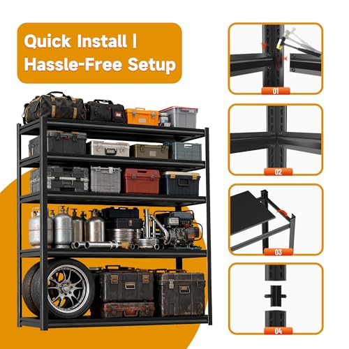 72''H × 40''W Garage Shelving, 5 Tier Heavy Duty Shelving, 2500 lbs Capacity Garage Storage Shelves, Industrial Shelves with Thickened Double-Layer Posts for Garage, Warehouse, Basement,Black