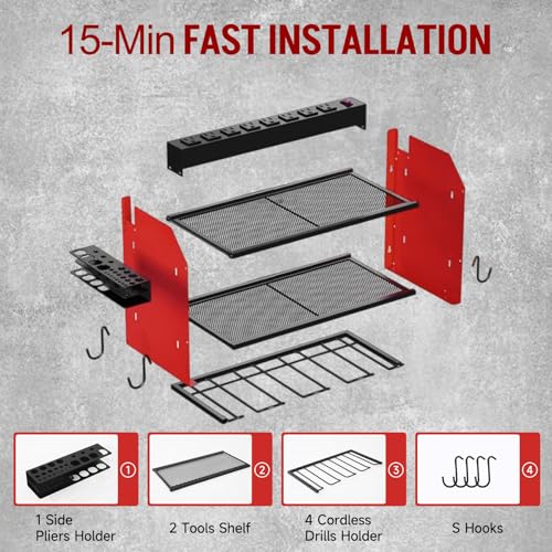 Power Tool Organizer Wall Mount with Charging Station, Heavy Duty 3 Layers Tool Storage Rack with 4 Cordless Drill Holder, Battery Holder with 8 Power Strip, Ideal for Garage, Warehouse, Workshop