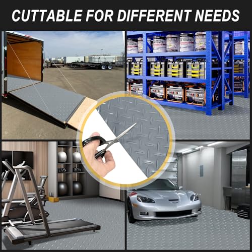 7.5x25 FT Garage Floor Mat, 2.8mm Thickened Flooring Roll Under Car Mat with 20Pcs Tapes, Diamond Plate, Non-Slip Floor Protector Mat for Trailer, Garage, Warehouse, Gyms, Trailer, Gray