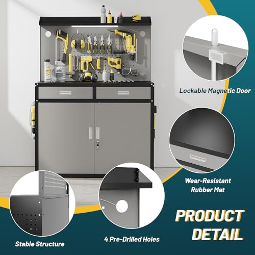 65" Heavy Duty Workbench with Drawers and Lockable Storage Cabinet- 2500 LBS Capacity Work Bench with Pegboard,Work Table with Adjustable LED Light for Garage,Workshop and Repair Shop