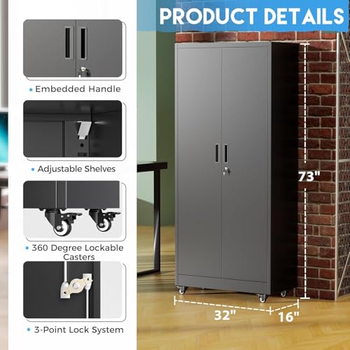 Greenvelly 73" Metal Storage Cabinet with Wheels, Black Garage Storage Cabinet with 4 Adjustable Shelves and Locking Doors, Garage Rolling Storage Cabinet for Warehouse, Garage, Home Office, School
