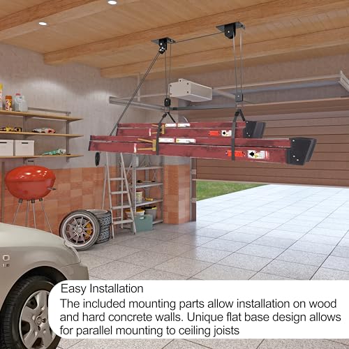 TRUSOON Ladder Storage, Larger Pulley Ladder Hoist, Self Locking Function Ladder Hanger, Garage Ceiling Mount Lift System for Kayak, Cargo Box, Canoe, Bike,Fit 10-14 Foot Ceilings, Hold 150 lbs