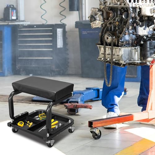 Big RED 250lb Black Rolling Automotive Creeper Garage/Shop Seat: Padded Mechanic Stool with Tool Large Tray Suitable for garages, Repair Shops,6300-black