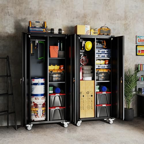 DUMOS 72" Metal Garage Storage Cabinet with Wheels, Tall Rolling Steel Tool Cabinet with Adjustable Shelves and Locking Doors, Lockable File Cabinet for Garage, Home, Office, Warehouse, Black