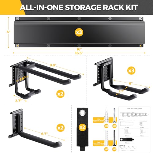 LBT 49.5"Garage Tool Organizer Wall Mount 500lbs Garden Tool Organizer for Garage with Adjustable Hooks,Heavy Duty Yard Tool Storage Rack, Anti-Rust Shed Rack Holder Hanging Rake Broom Mower Snowboard