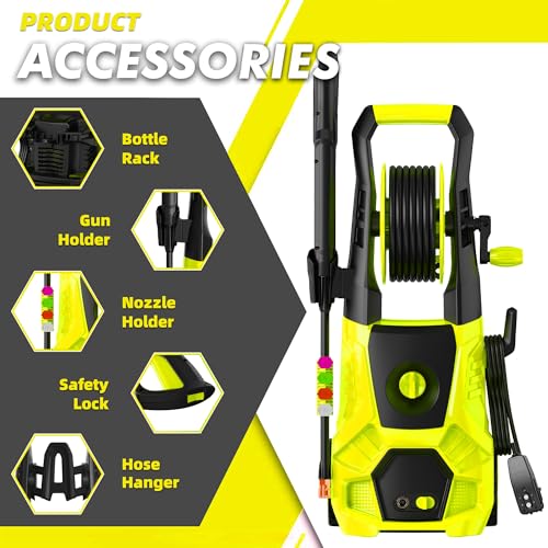DECOKTOOL 5000PSI PowerWasher with 4 Quick Connect Nozzles, Foam Cannon for Car, Lane, Patio Cleaning, Hydro Jet Pressure Hose Water Wand for Gutter Patio Car Garden Window, Yellow
