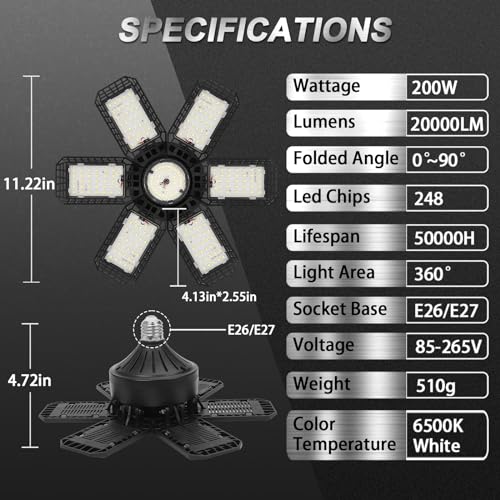 AUDLES 2 Pack Garage Lights, 200W 20000LM 6500K LED Shop Lights, Garage Light Ceiling Led with 6+1 Deformable Panels, Screw in E26/E27 Socket Bulb for Warehouse, Workshop, Basement, Barn Lighting
