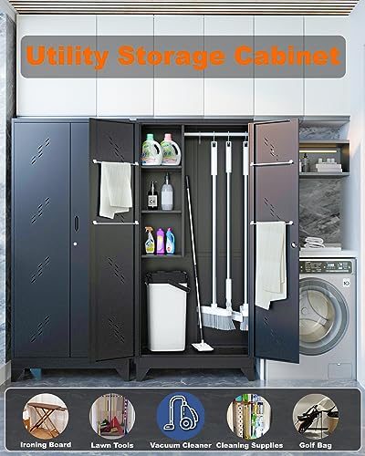 YILFANA 75" Metal Storage Cabinet with Lockable Doors, Functional Garage Storage Cabinets, Heavy-Duty Tool Organization Cabinet with Hanging Rod & S-Hooks (75" Utility Closet)
