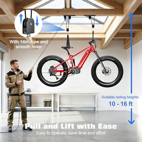 Housolution Bike Hoist, [1 Pack] Hoist Pulley System with 88Lbs, Fit 10-16Feet High Ceilings, Heavy-Duty Overhead Ceiling Storage System for Road, MTB, Fat Tire, Ebike Hanger, Ladders, Snowboard