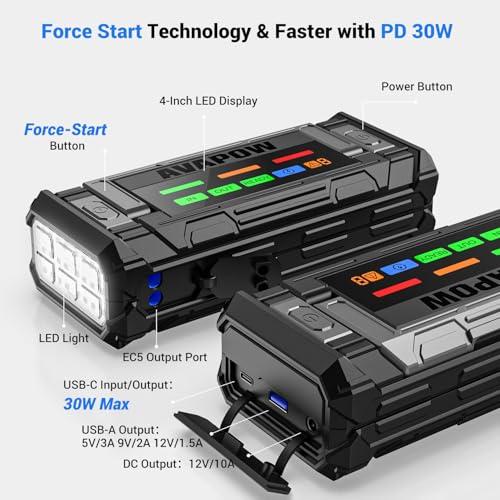 AVAPOW 8000A Battery Jumper Starter Portable with 4″ HD Display PD 30W Dual-Way Fast Charging, 12V Car Starter Jump Box & Battery Booster for All Gas & Up to All Diesel Engines