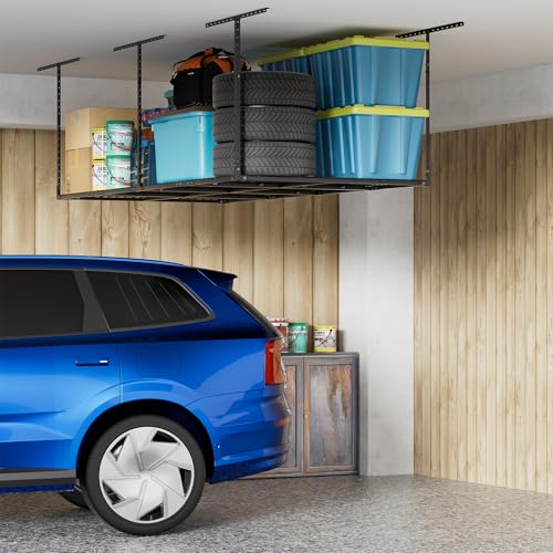Soywey 4 x 8 FT Overhead Garage Storage Rack, Adjustable Ceiling Storage Racks, Garage Shelving Heavy-duty Storage Organizer System, Load 700LBS Weight(Black)