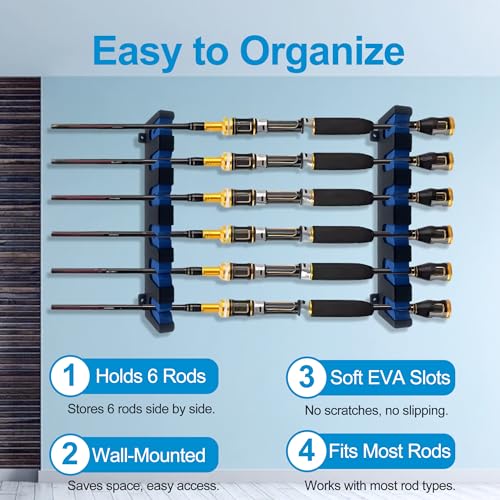 Keenorika Horizontal Fishing Rod Rack, Wall Mounted Fishing Rod Holder, Fishing Pole Organizer for Garage, Boat, Cabin, Heavy Duty Rod Holder for 6 Fishing Poles, Indoor/Outdoor Fishing Gear Storage